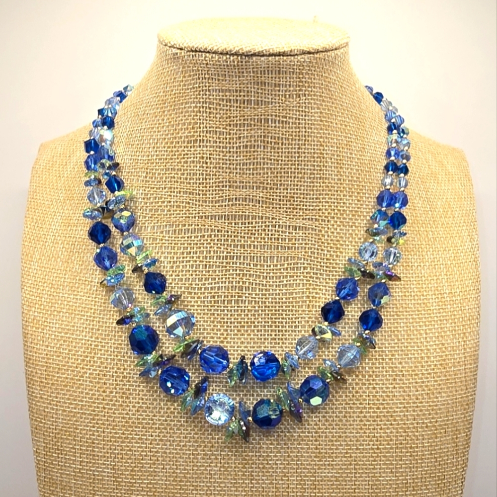 Vendome Blue Green Aurora Borealis Crystal Glass 2 Strand Bead Vintage Necklace